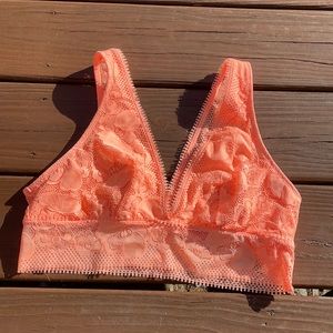 Aerie Paradise Lace Plunge Bralette, Neon Peach, Size Medium